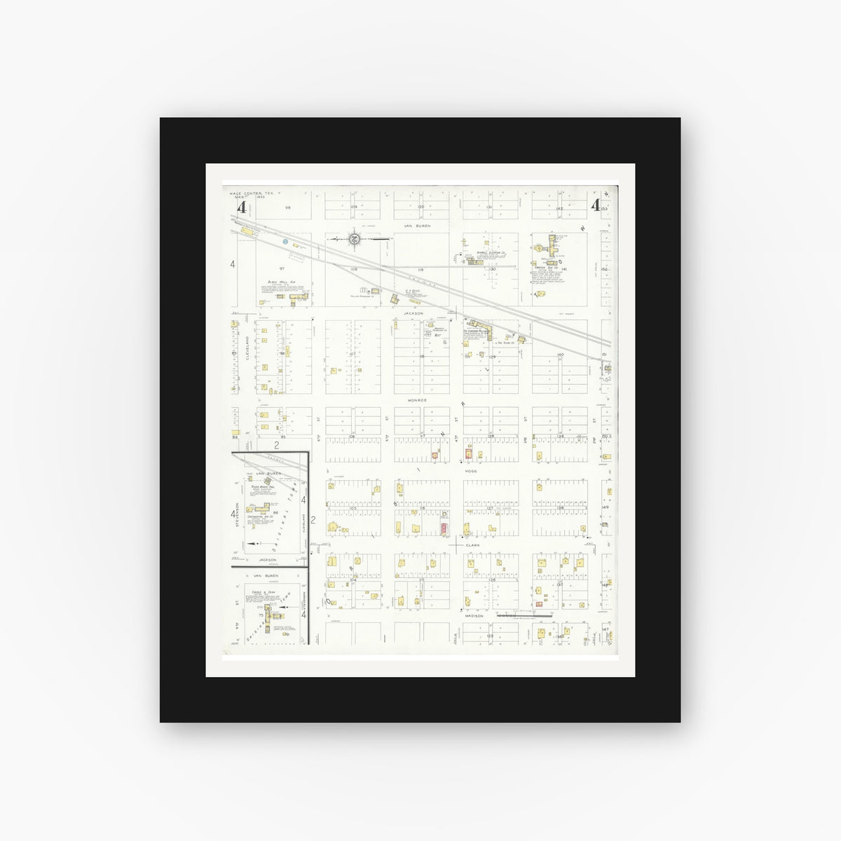Old map wall art mockup — black gallery frame with white mat — Sanborn Fire Insurance Map from Hale Center, Hale County, Texas (1933), Sheet #0004