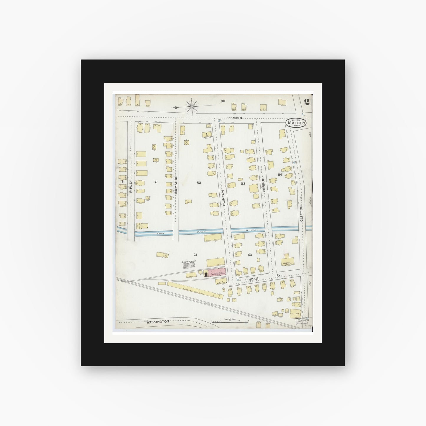 Old map wall art mockup — black gallery frame with white mat — Sanborn Fire Insurance Map from Malden, Middlesex County, Massachusetts (1892), Sheet #0002