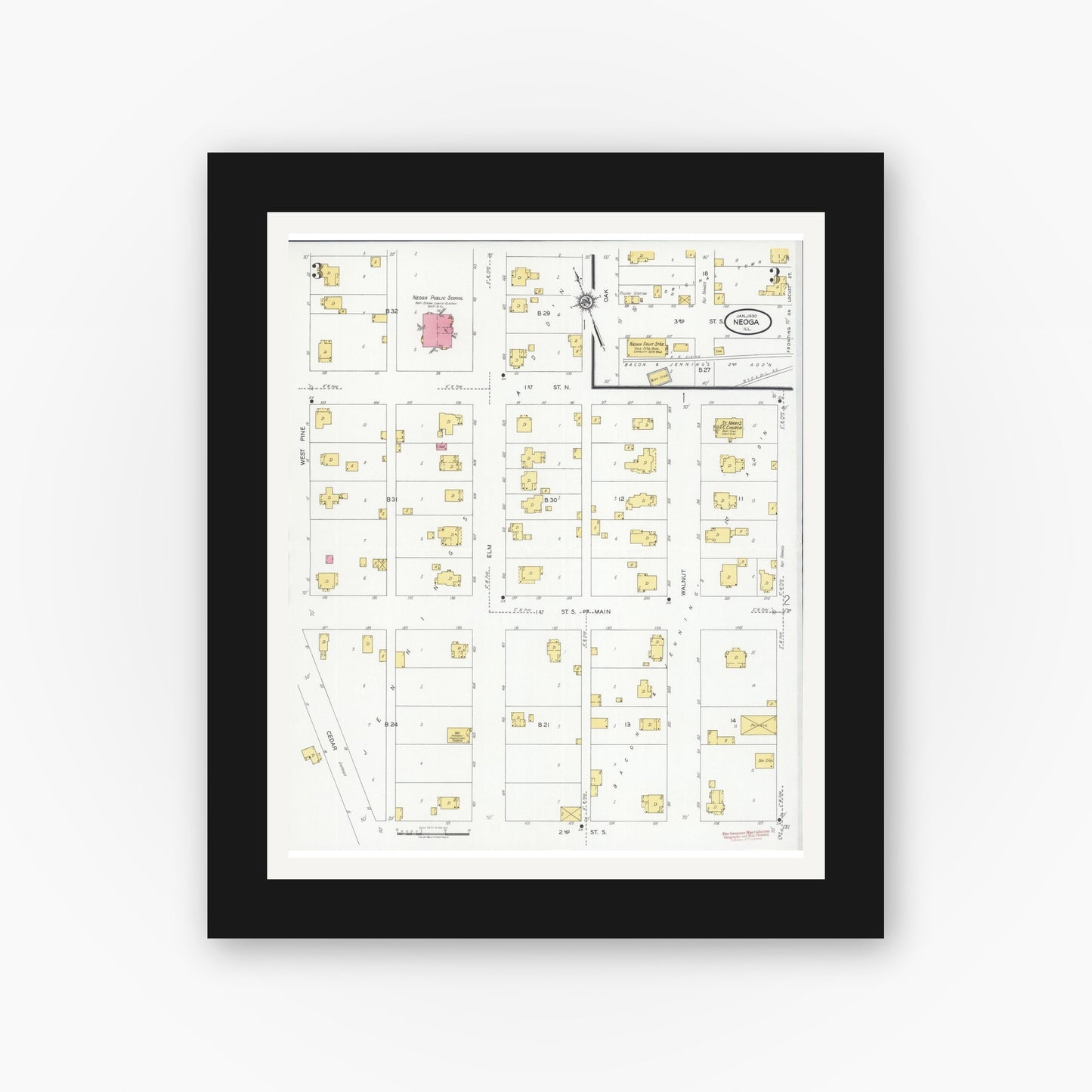Old map wall art mockup — black gallery frame with white mat — Sanborn Fire Insurance Map from Neoga, Cumberland County, Illinois (1930), Sheet #0003