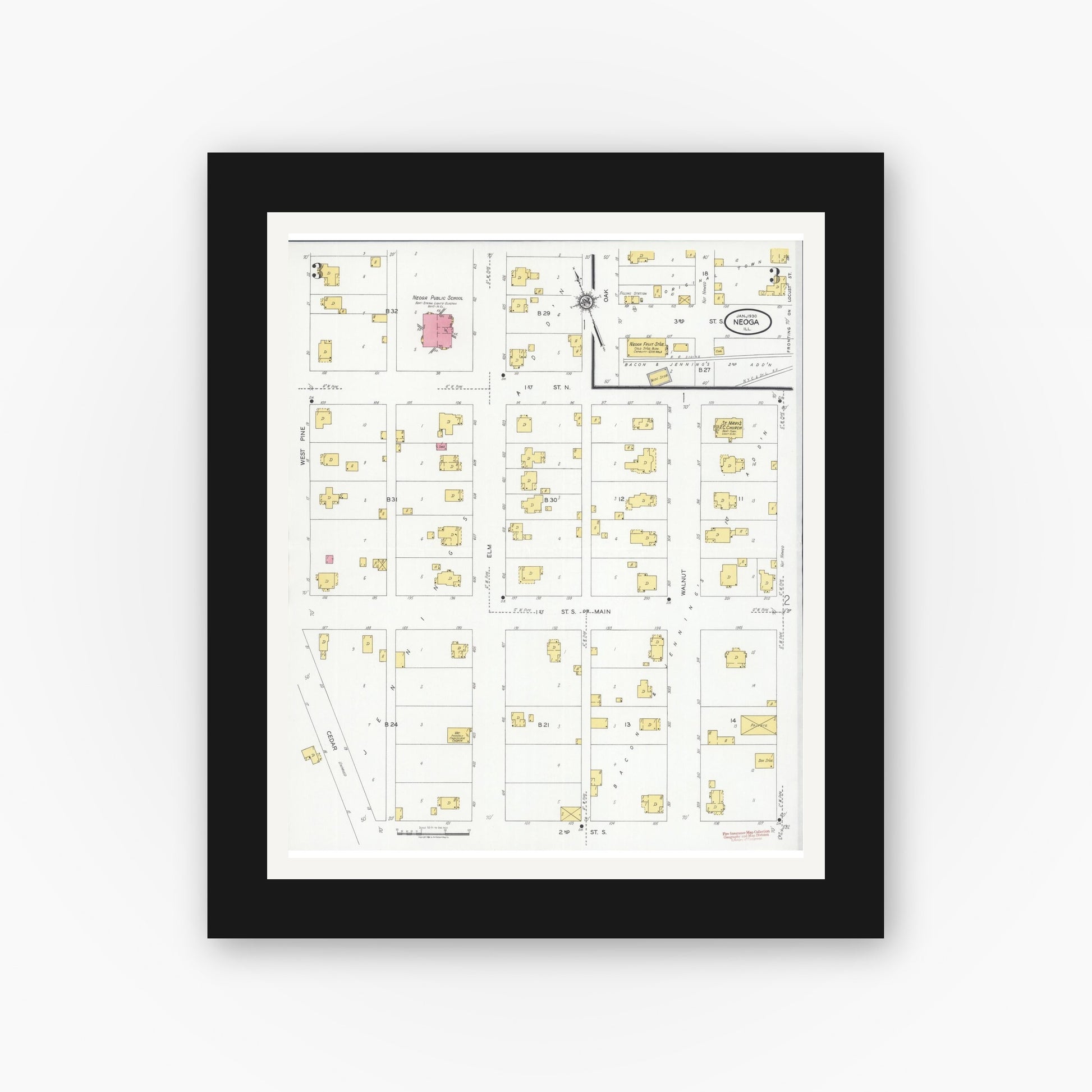 Old map wall art mockup — black gallery frame with white mat — Sanborn Fire Insurance Map from Neoga, Cumberland County, Illinois (1930), Sheet #0003