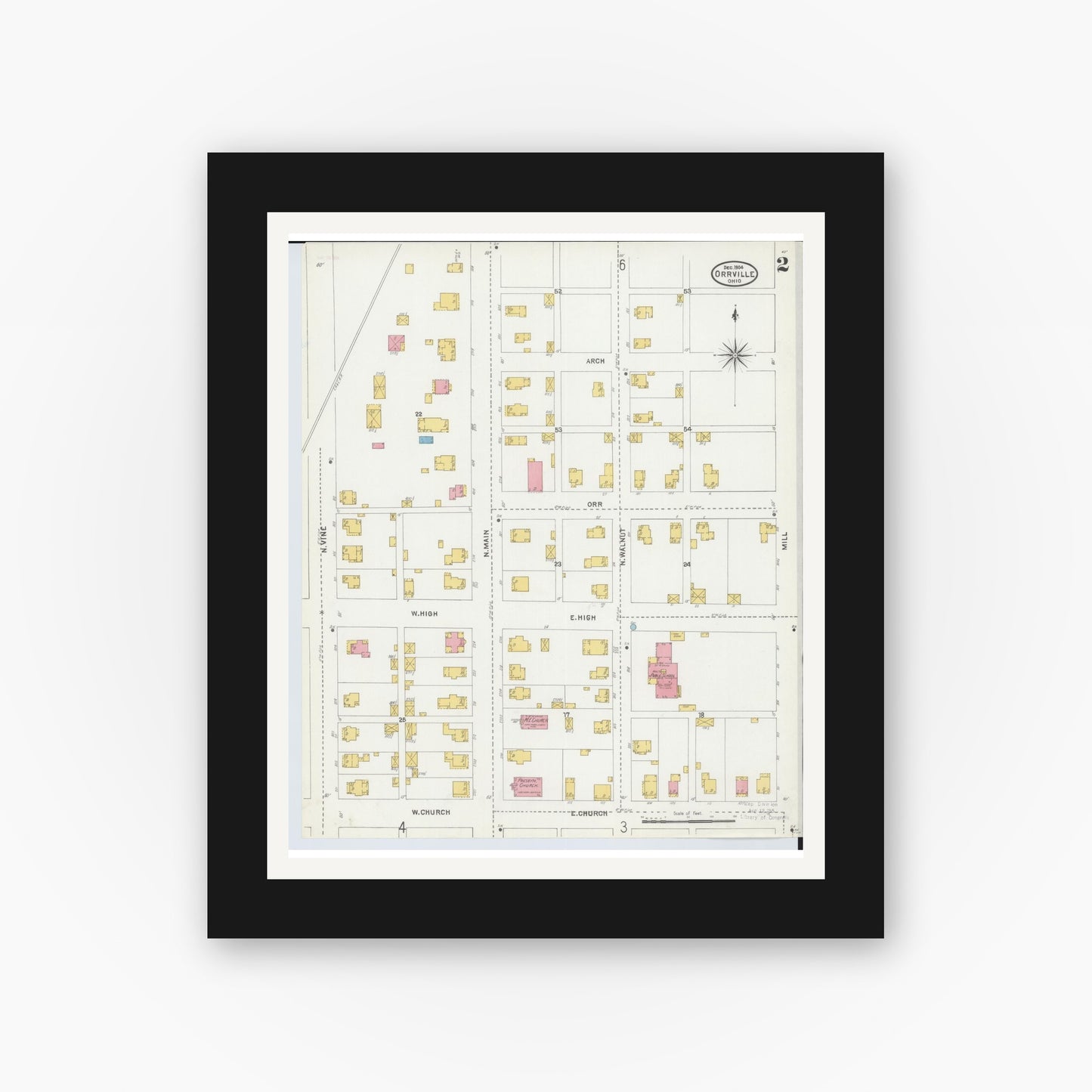 Old map wall art mockup — black gallery frame with white mat — Sanborn Fire Insurance Map from Orrville, Wayne County, Ohio (1904), Sheet #0002