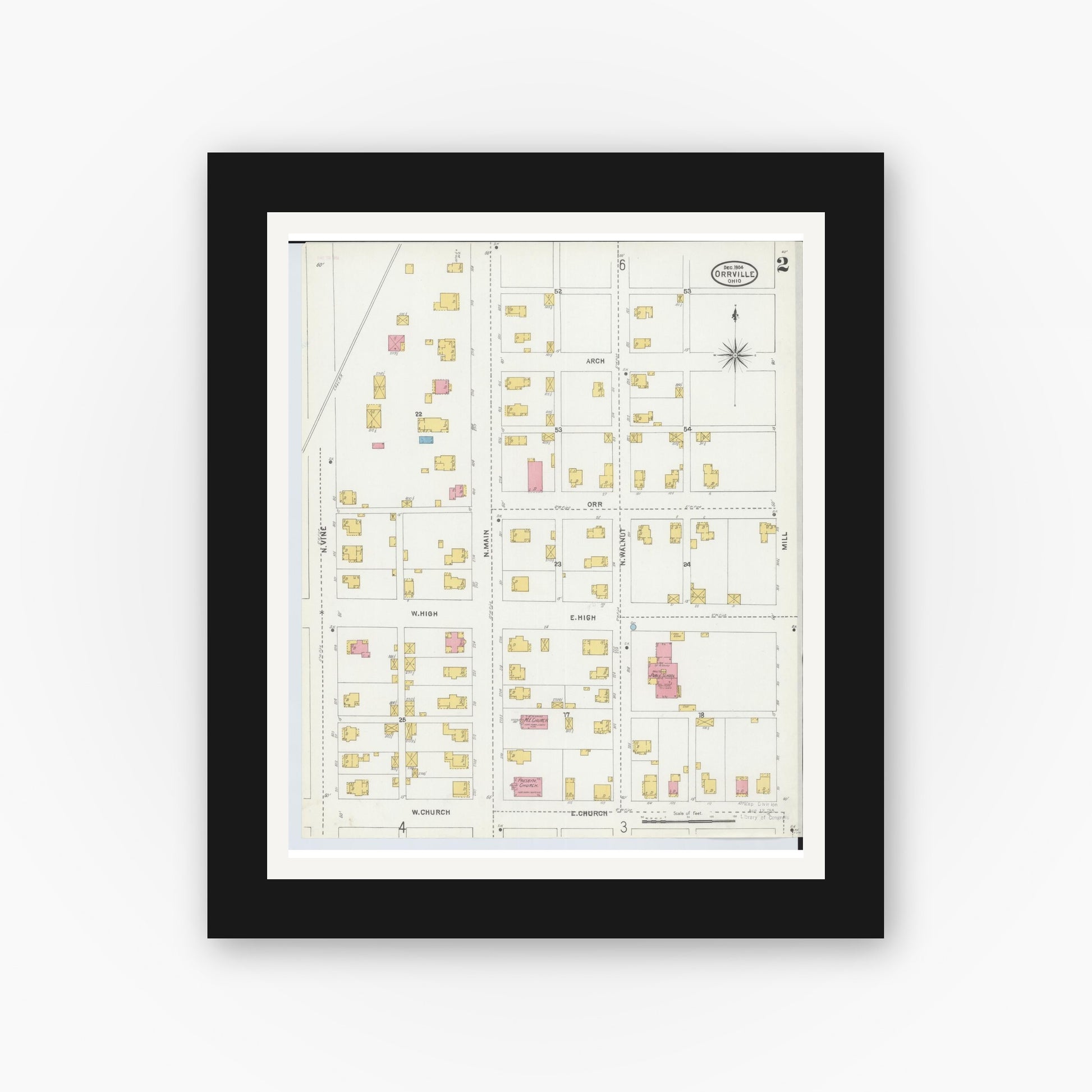 Old map wall art mockup — black gallery frame with white mat — Sanborn Fire Insurance Map from Orrville, Wayne County, Ohio (1904), Sheet #0002
