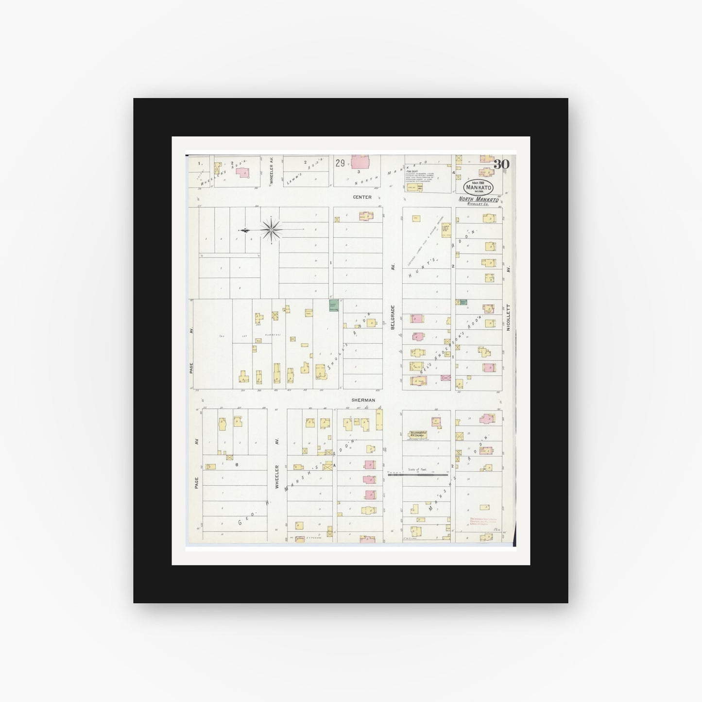 Old map wall art mockup — black gallery frame with white mat — Sanborn Fire Insurance Map from Mankato, Blue Earth County, Minnesota (1908), Sheet #0030