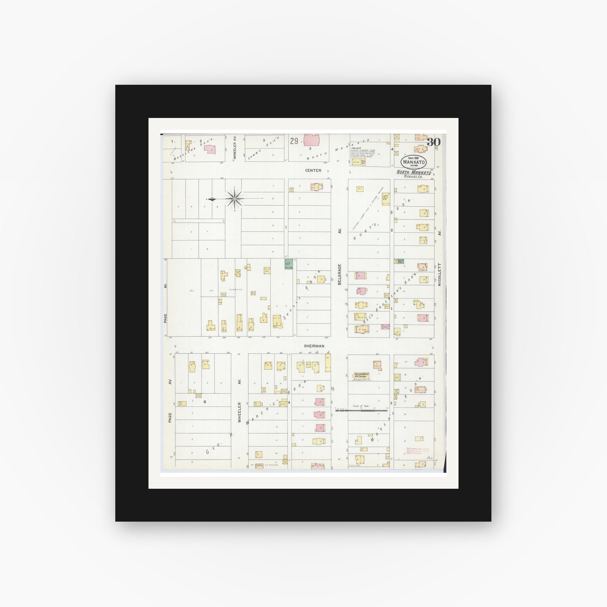 Old map wall art mockup — black gallery frame with white mat — Sanborn Fire Insurance Map from Mankato, Blue Earth County, Minnesota (1908), Sheet #0030