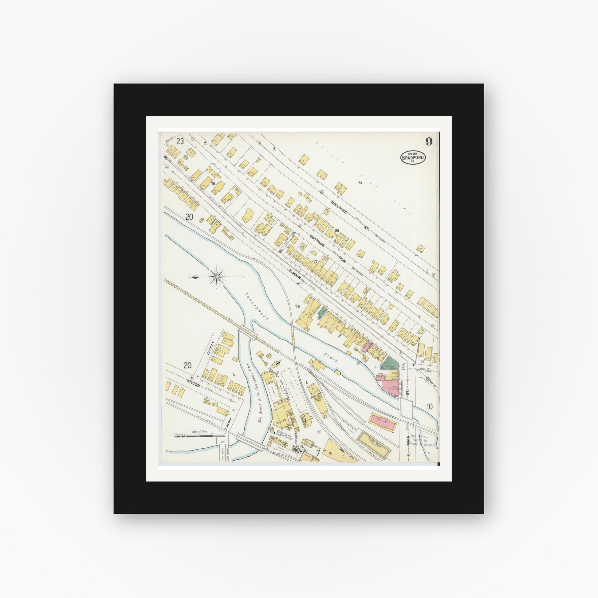 Old map wall art mockup — black gallery frame with white mat — Sanborn Fire Insurance Map from Bradford, McKean County, Pennsylvania (1899), Sheet #0009