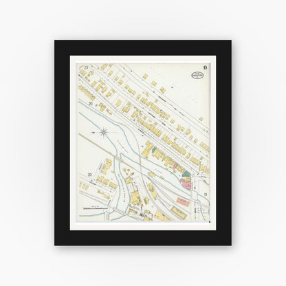 Old map wall art mockup — black gallery frame with white mat — Sanborn Fire Insurance Map from Bradford, McKean County, Pennsylvania (1899), Sheet #0009