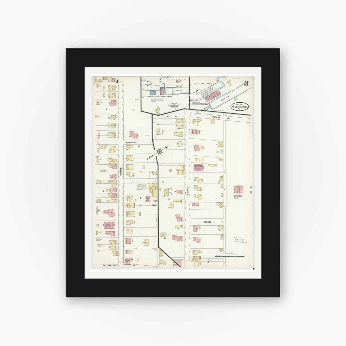 Old map wall art mockup — black gallery frame with white mat — Sanborn Fire Insurance Map from Millersville, Lancaster County, Pennsylvania (1912), Sheet #0003