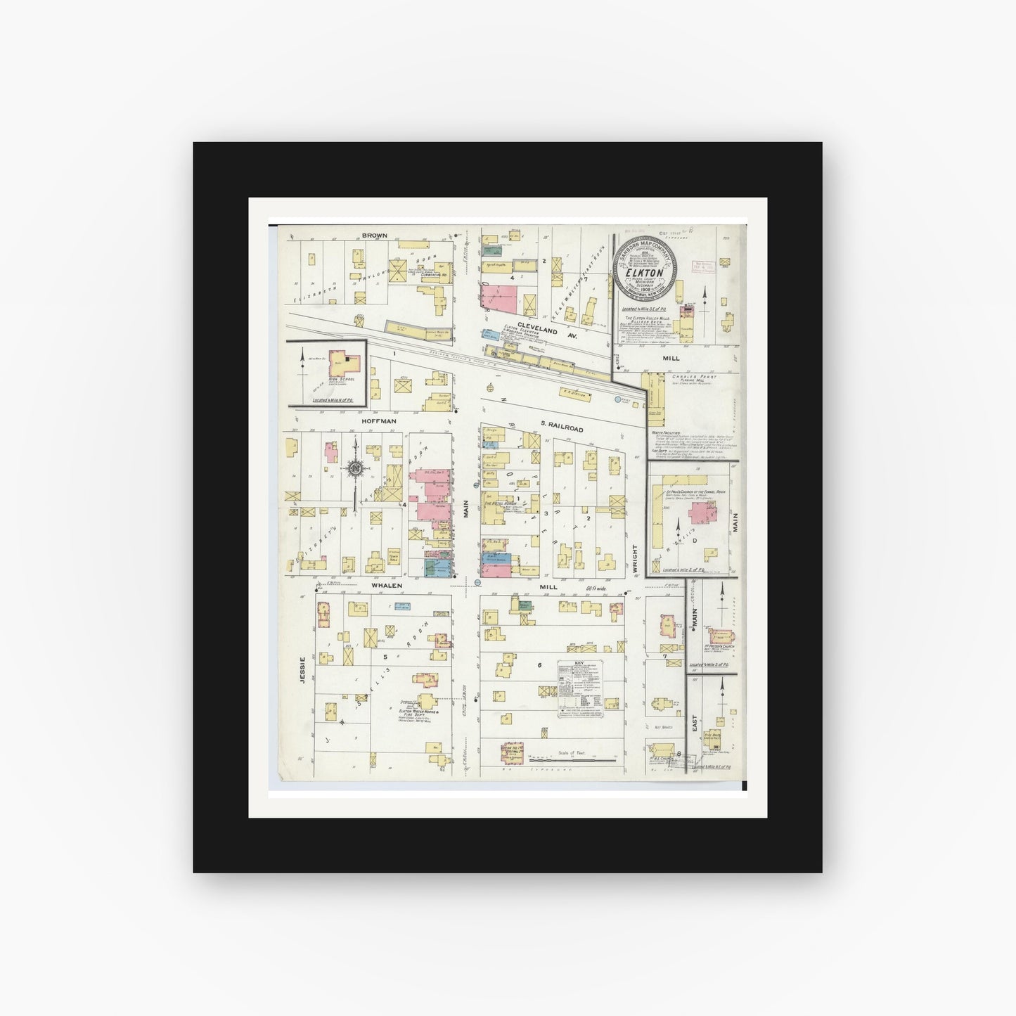 Old map wall art mockup — black gallery frame with white mat — Sanborn Fire Insurance Map from Elkton, Huron County, Michigan (1909), Sheet #0001