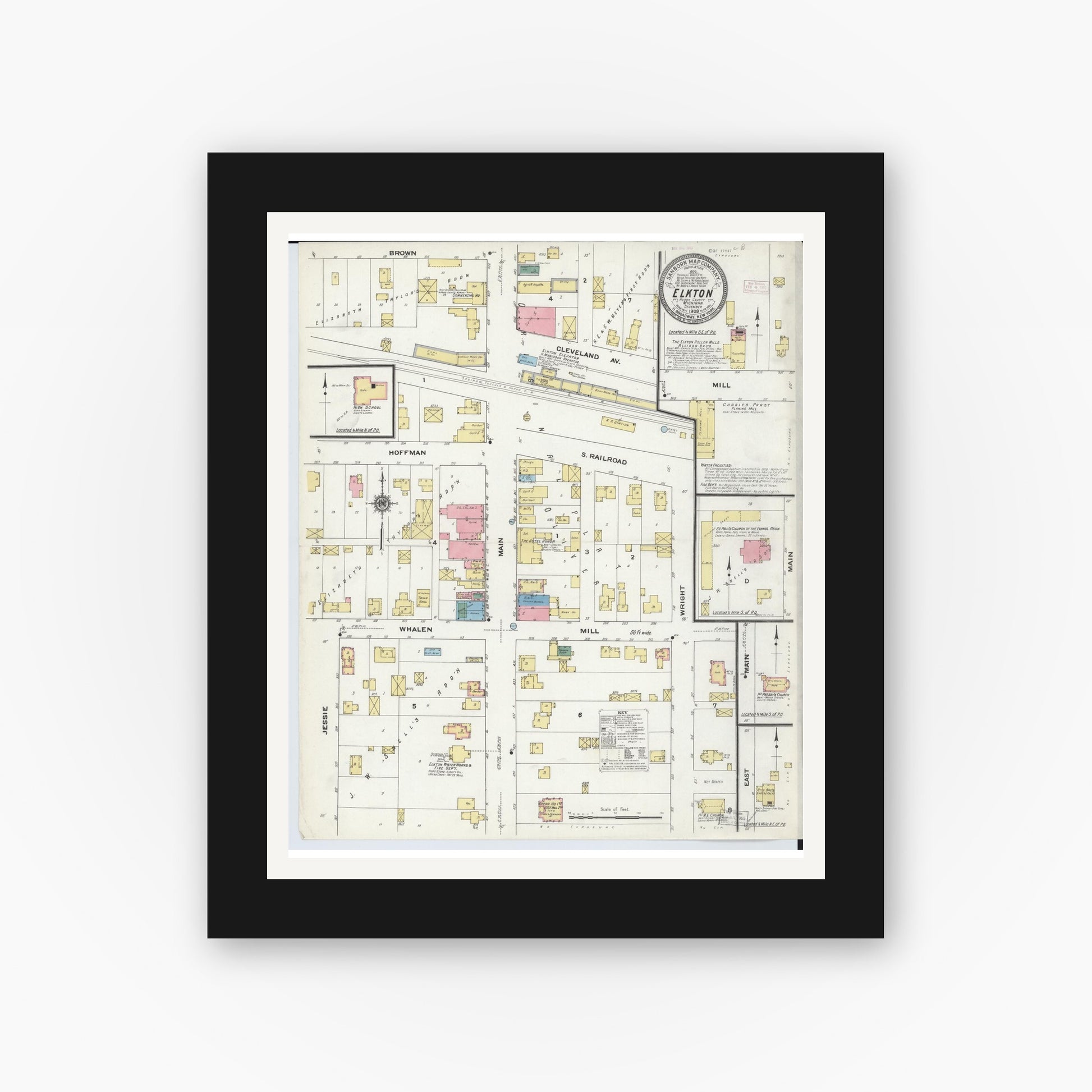 Old map wall art mockup — black gallery frame with white mat — Sanborn Fire Insurance Map from Elkton, Huron County, Michigan (1909), Sheet #0001
