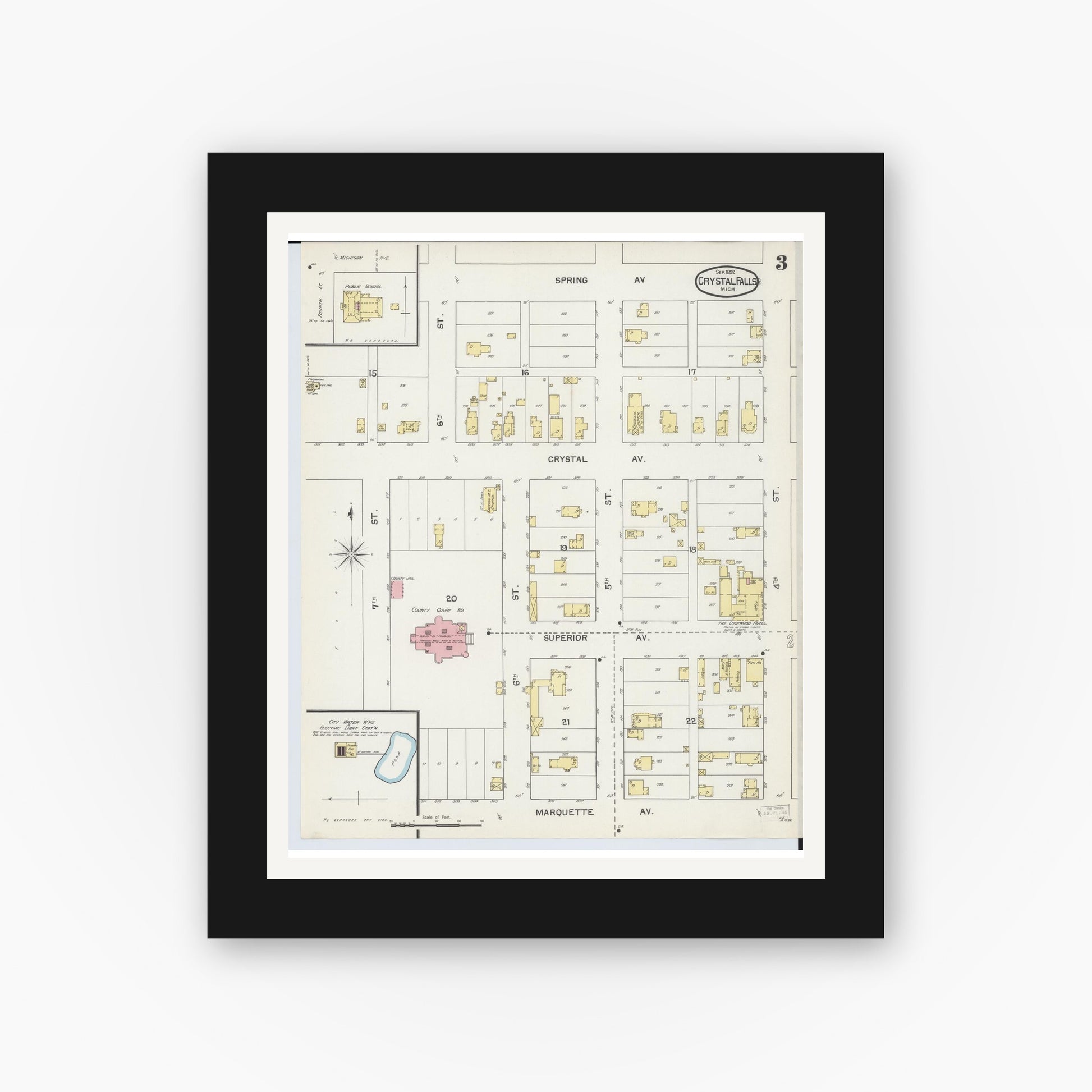 Old map wall art mockup — black gallery frame with white mat — Sanborn Fire Insurance Map from Crystal Falls, Iron County, Michigan (1892), Sheet #0003