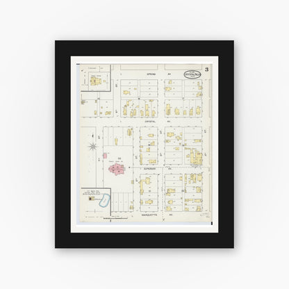 Old map wall art mockup — black gallery frame with white mat — Sanborn Fire Insurance Map from Crystal Falls, Iron County, Michigan (1892), Sheet #0003