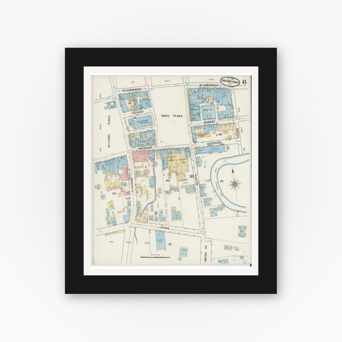 Old map wall art mockup — black gallery frame with white mat — Sanborn Fire Insurance Map from San Antonio, Bexar County, Texas (1888), Sheet #0006