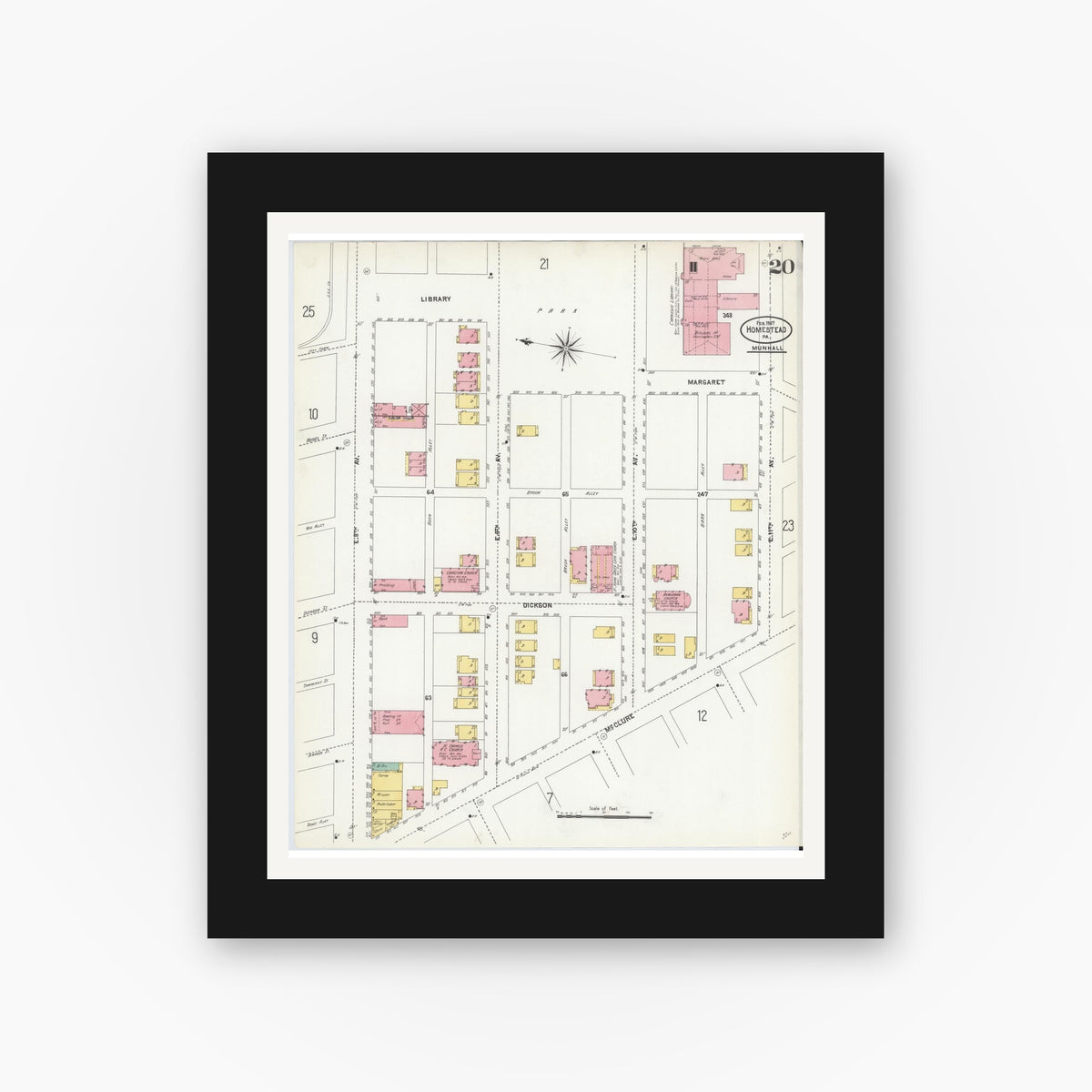 Old map wall art mockup — black gallery frame with white mat — Sanborn Fire Insurance Map from Homestead, Allegheny County, Pennsylvania (1907), Sheet #0020