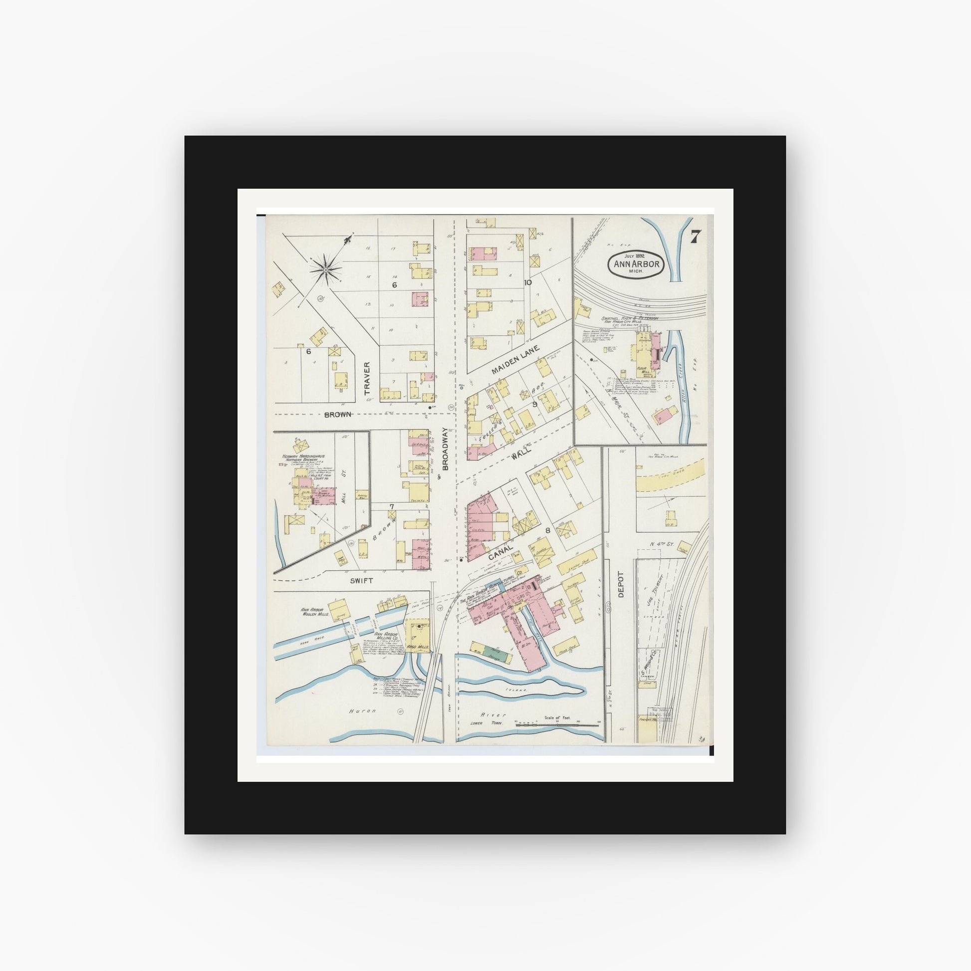 Old map wall art mockup — black gallery frame with white mat — Sanborn Fire Insurance Map from Ann Arbor, Washtenaw County, Michigan (1892), Sheet #0007