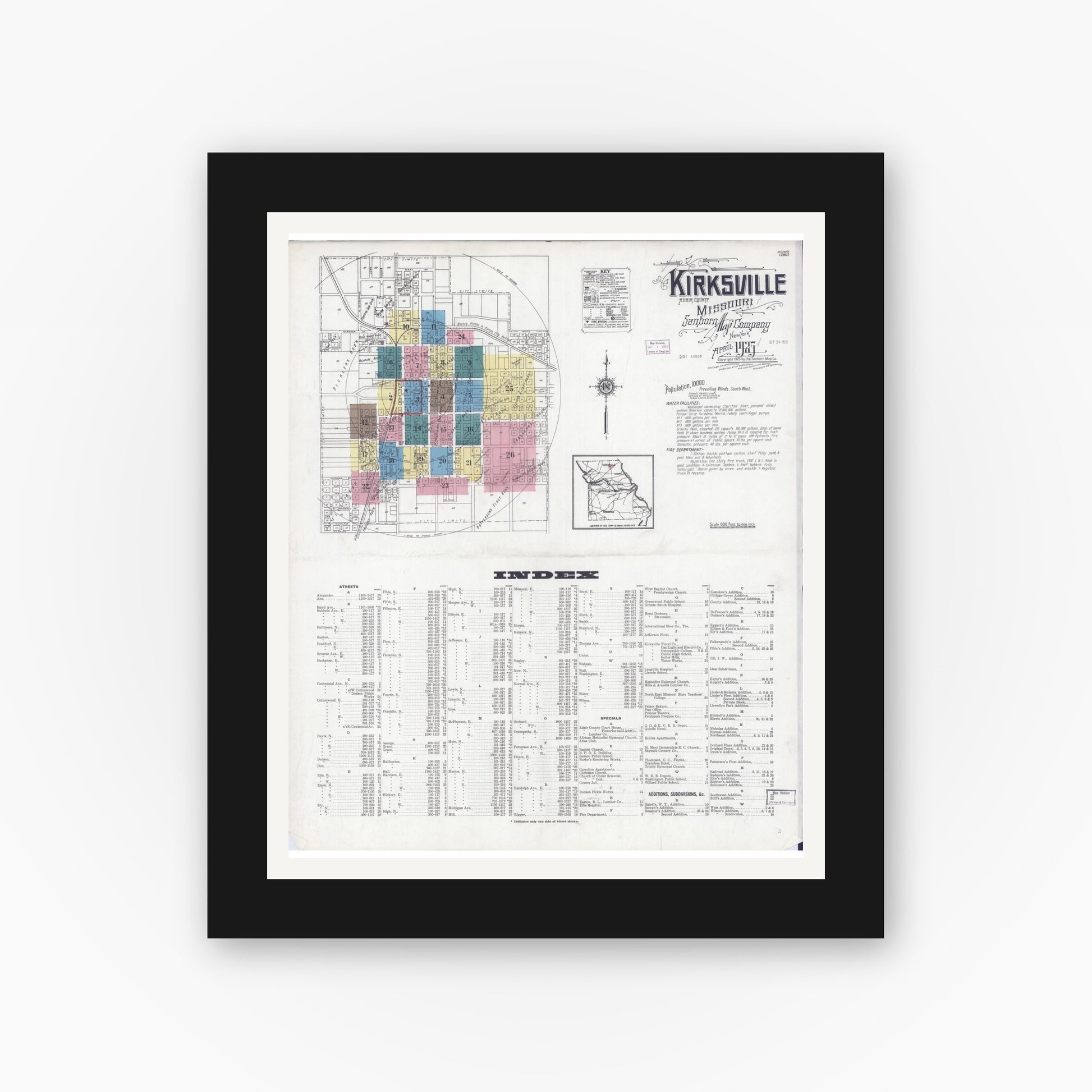 Old map wall art mockup — black gallery frame with white mat — Sanborn Fire Insurance Map from Kirksville, Adair County, Missouri (1925) - Complete Map Set