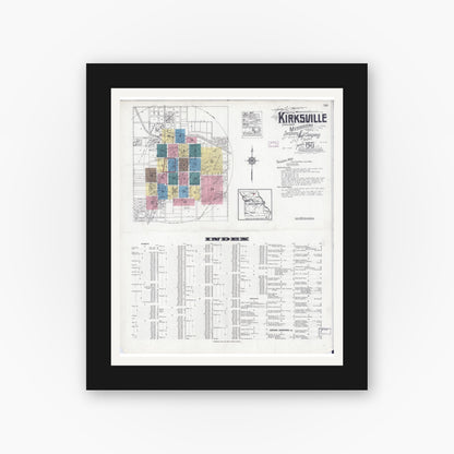 Old map wall art mockup — black gallery frame with white mat — Sanborn Fire Insurance Map from Kirksville, Adair County, Missouri (1925) - Complete Map Set