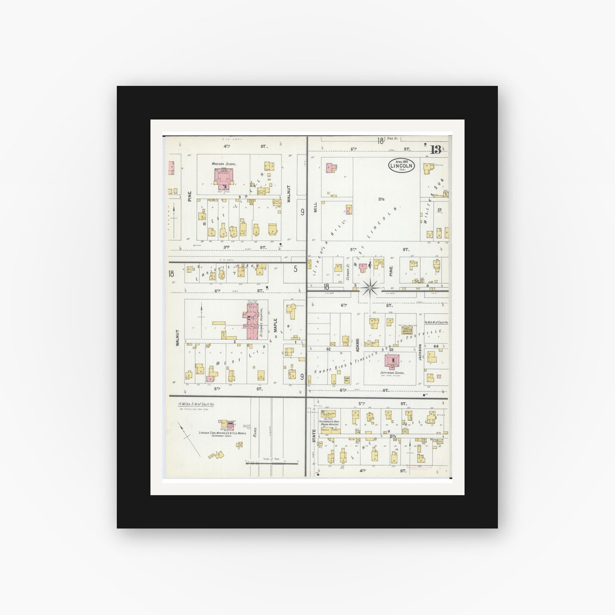 Old map wall art mockup — black gallery frame with white mat — Sanborn Fire Insurance Map from Lincoln, Logan County, Illinois (1902), Sheet #0013