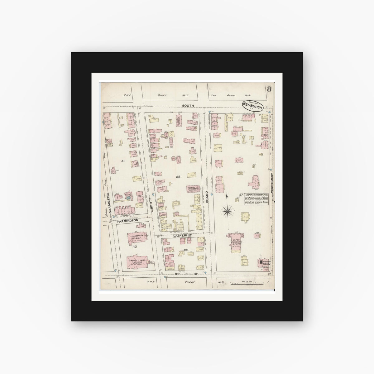 Old map wall art mockup — black gallery frame with white mat — Sanborn Fire Insurance Map from Newburgh, Orange County, New York (1884), Sheet #0008
