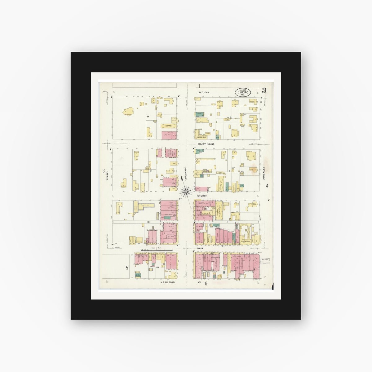 Old map wall art mockup — black gallery frame with white mat — Sanborn Fire Insurance Map from Cuero, De Witt County, Texas (1907), Sheet #0003