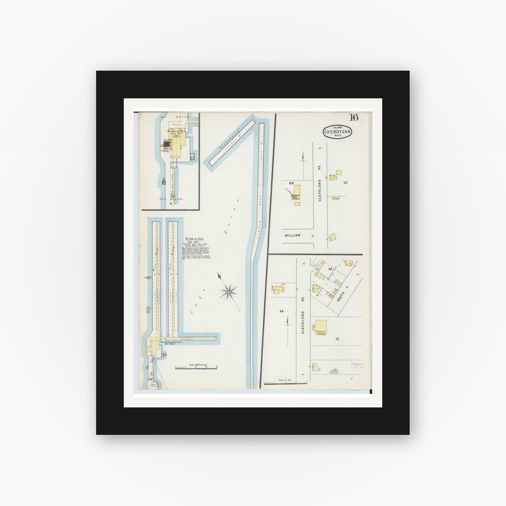 Old map wall art mockup — black gallery frame with white mat — Sanborn Fire Insurance Map from Cheboygan, Cheboygan County, Michigan (1895), Sheet #0016