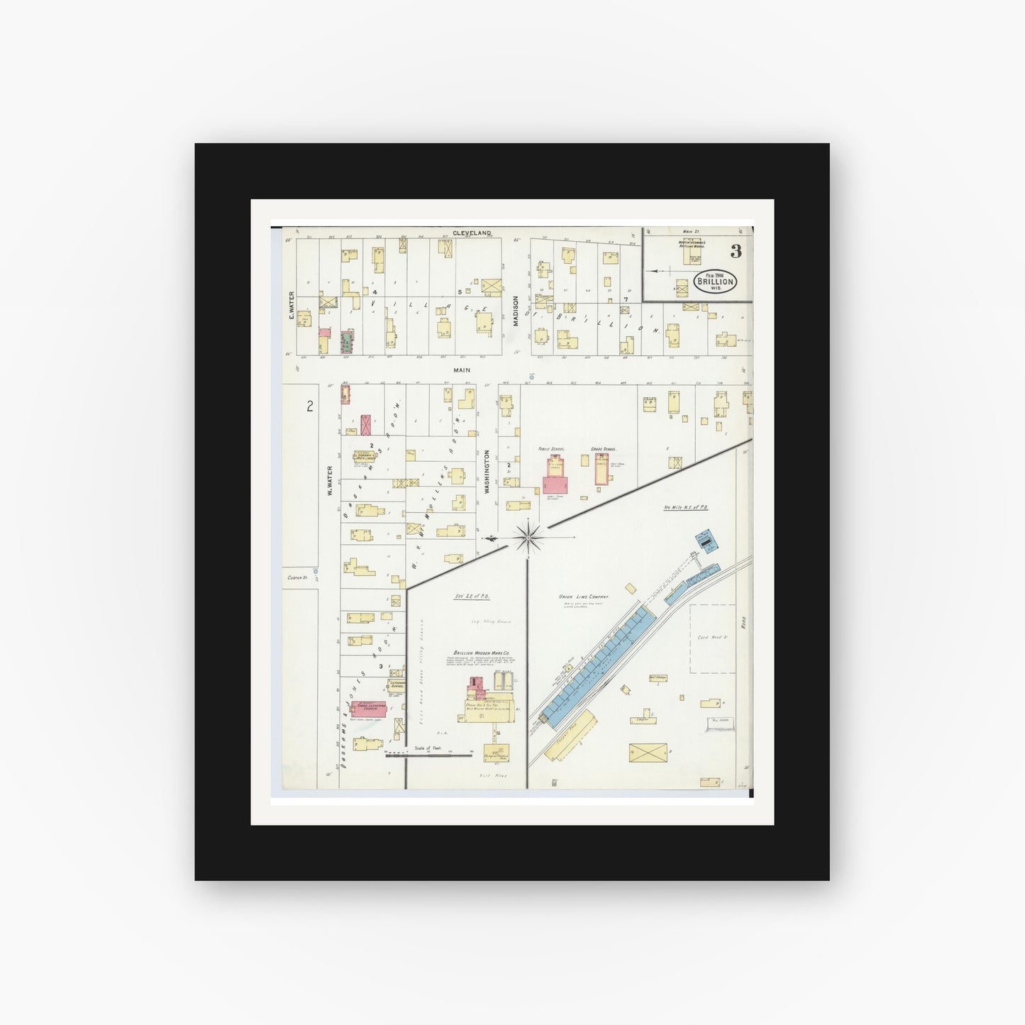Old map wall art mockup — black gallery frame with white mat — Sanborn Fire Insurance Map from Brillion, Calumet County, Wisconsin (1906), Sheet #0003