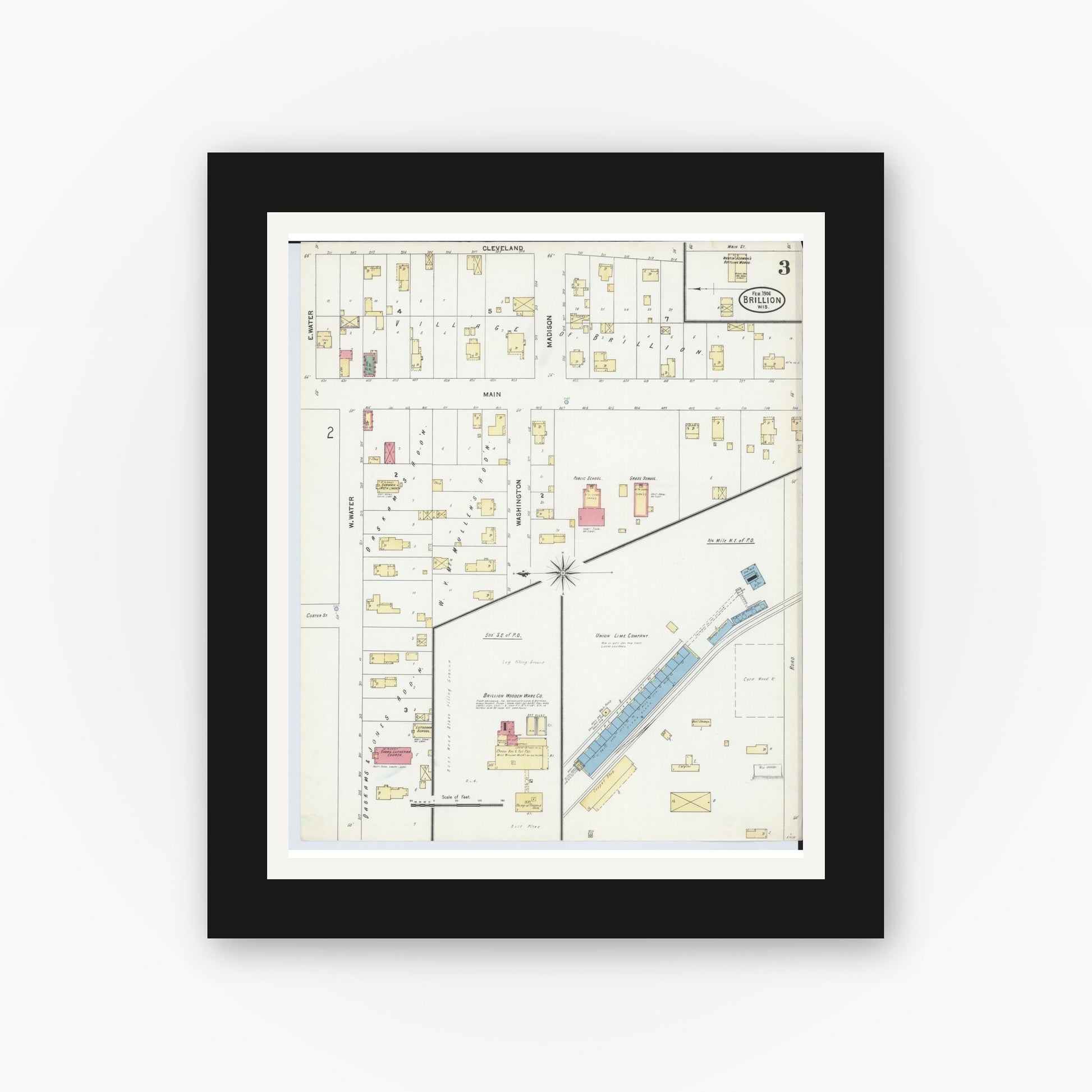 Old map wall art mockup — black gallery frame with white mat — Sanborn Fire Insurance Map from Brillion, Calumet County, Wisconsin (1906), Sheet #0003