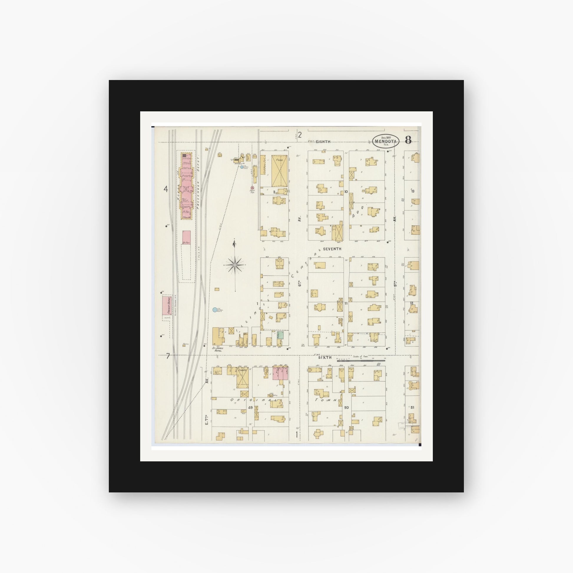 Old map wall art mockup — black gallery frame with white mat — Sanborn Fire Insurance Map from Mendota, La Salle County, Illinois (1897), Sheet #0008