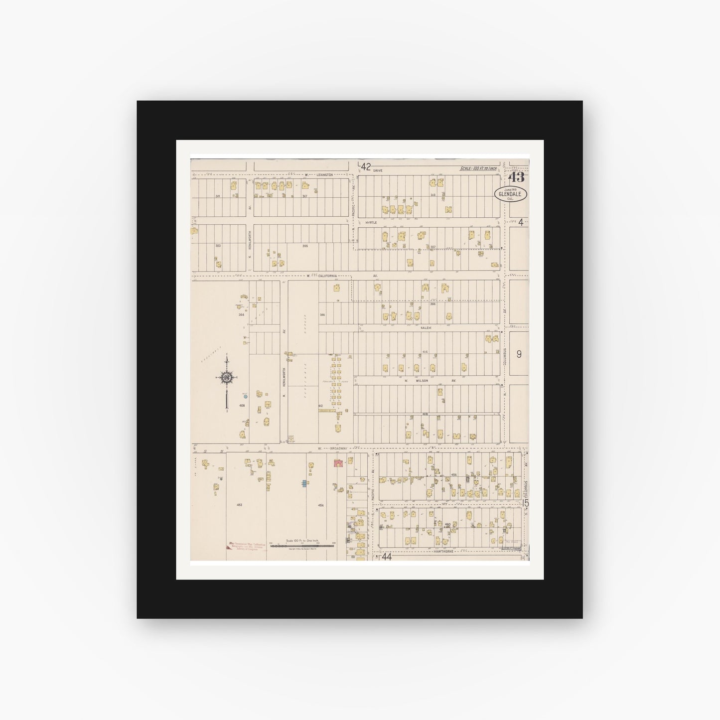 Old map wall art mockup — black gallery frame with white mat — Sanborn Fire Insurance Map from Glendale, Los Angeles County, California (1919), Sheet #0043