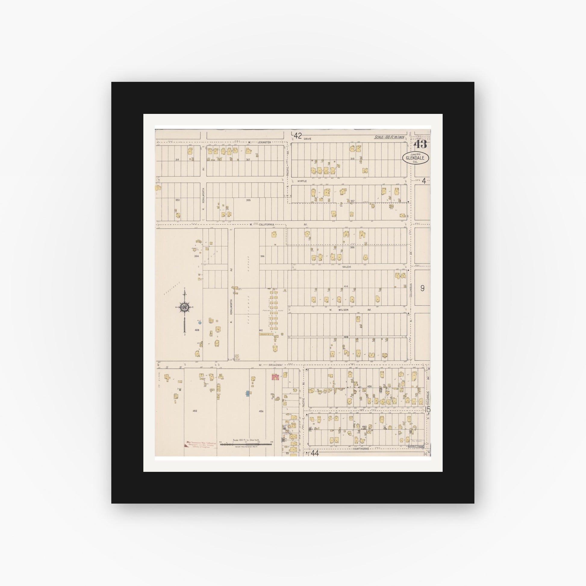 Old map wall art mockup — black gallery frame with white mat — Sanborn Fire Insurance Map from Glendale, Los Angeles County, California (1919), Sheet #0043