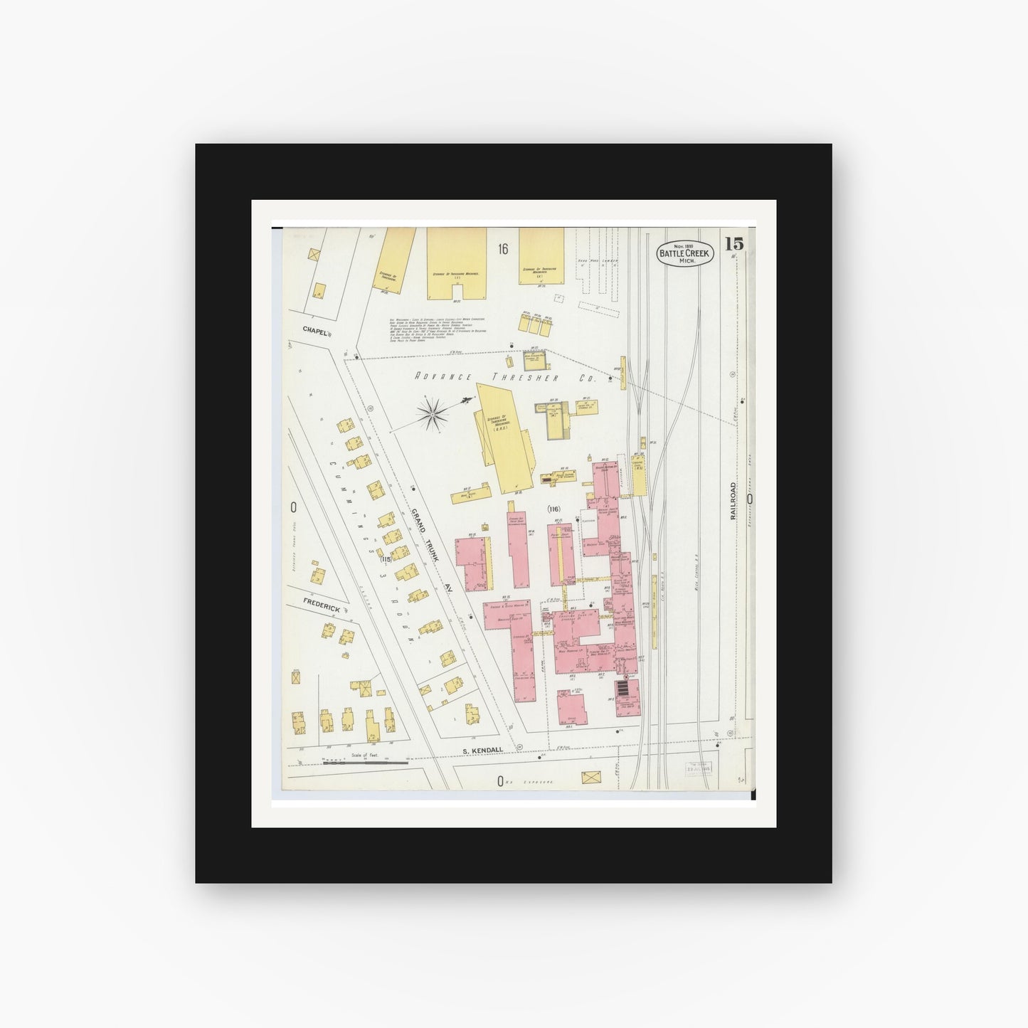 Old map wall art mockup — black gallery frame with white mat — Sanborn Fire Insurance Map from Battle Creek, Calhoun County, Michigan (1899), Sheet #0015