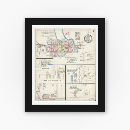 Old map wall art mockup — black gallery frame with white mat — Sanborn Fire Insurance Map from Cambridge City, Wayne County, Indiana (1886) - Complete Map Set