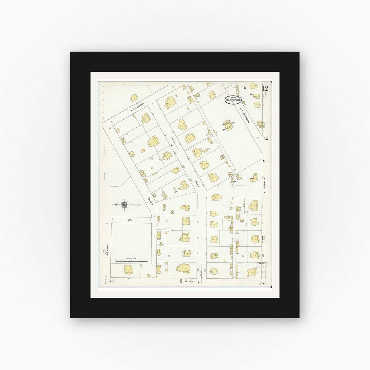 Old map wall art mockup — black gallery frame with white mat — Sanborn Fire Insurance Map from Hillsboro, Hill County, Texas (1911), Sheet #0012
