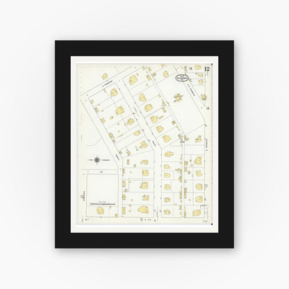 Old map wall art mockup — black gallery frame with white mat — Sanborn Fire Insurance Map from Hillsboro, Hill County, Texas (1911), Sheet #0012