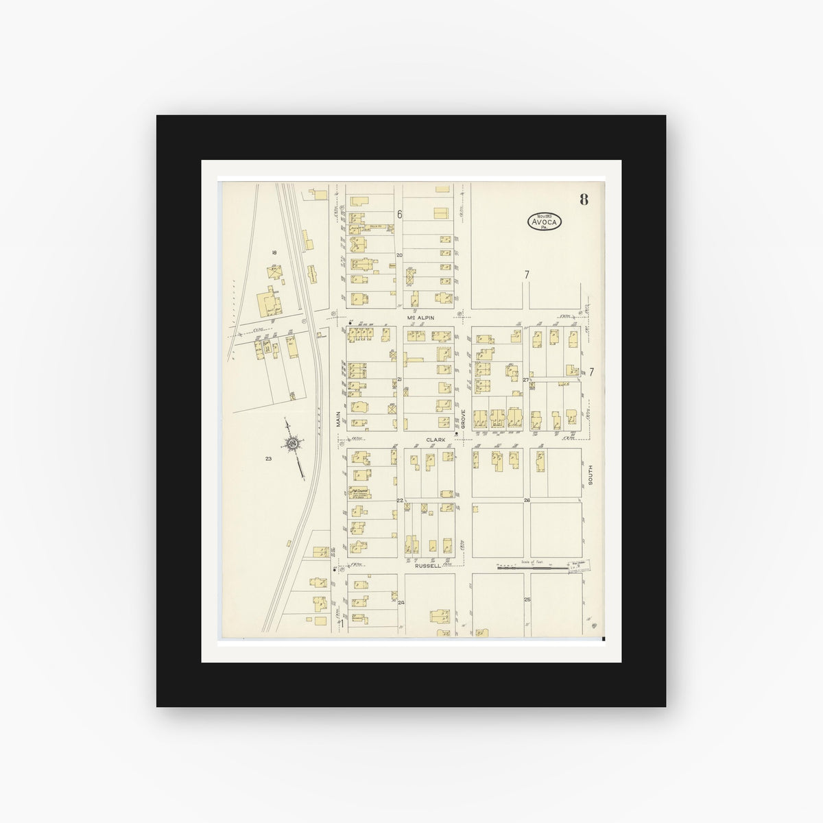 Old map wall art mockup — black gallery frame with white mat — Sanborn Fire Insurance Map from Avoca, Luzerne County, Pennsylvania (1913), Sheet #0008