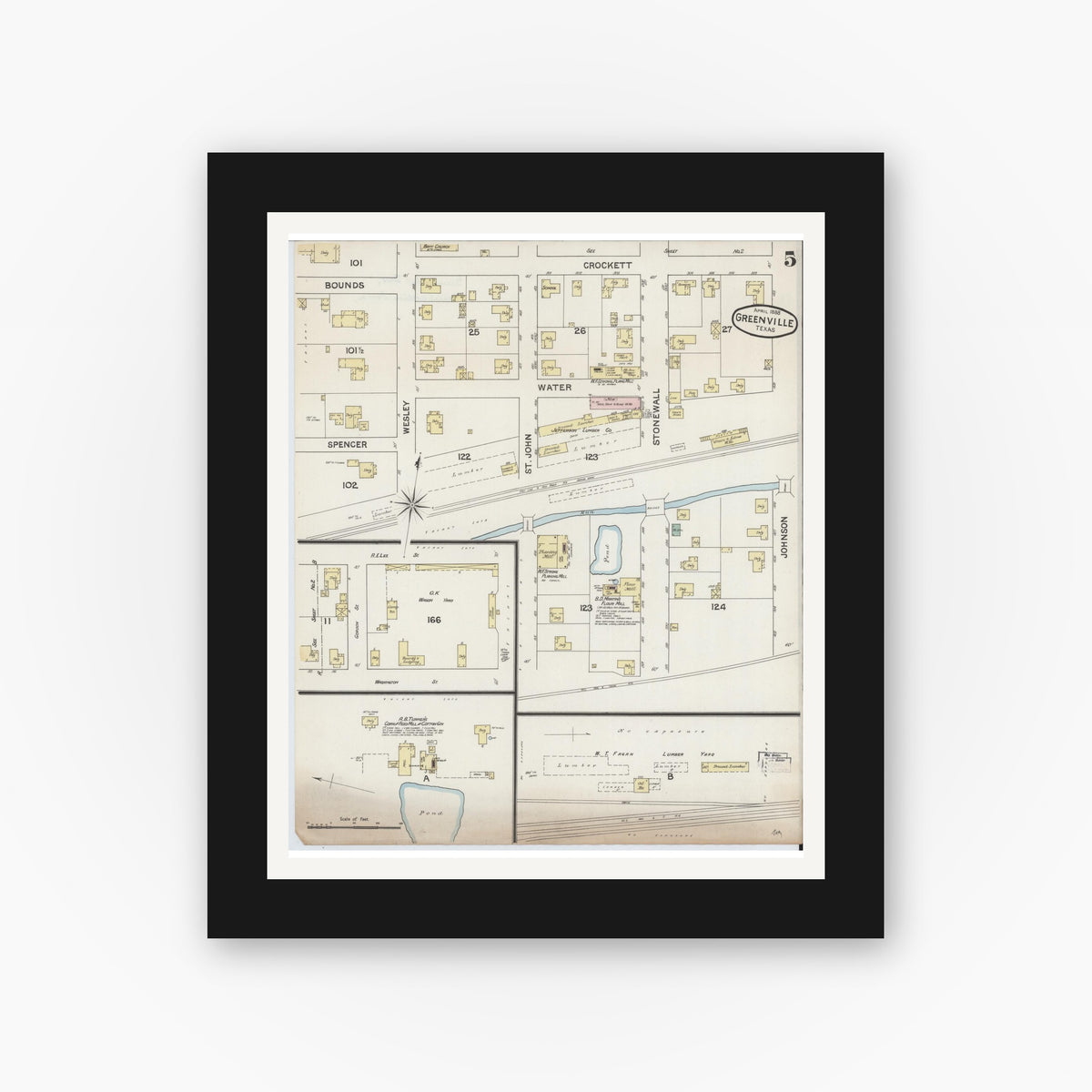 Old map wall art mockup — black gallery frame with white mat — Sanborn Fire Insurance Map from Greenville, Hunt County, Texas (1888), Sheet #0005