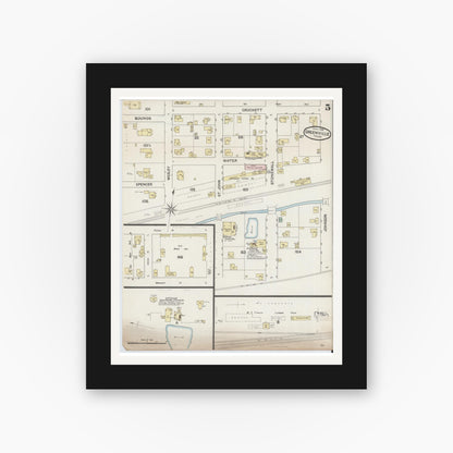 Old map wall art mockup — black gallery frame with white mat — Sanborn Fire Insurance Map from Greenville, Hunt County, Texas (1888), Sheet #0005