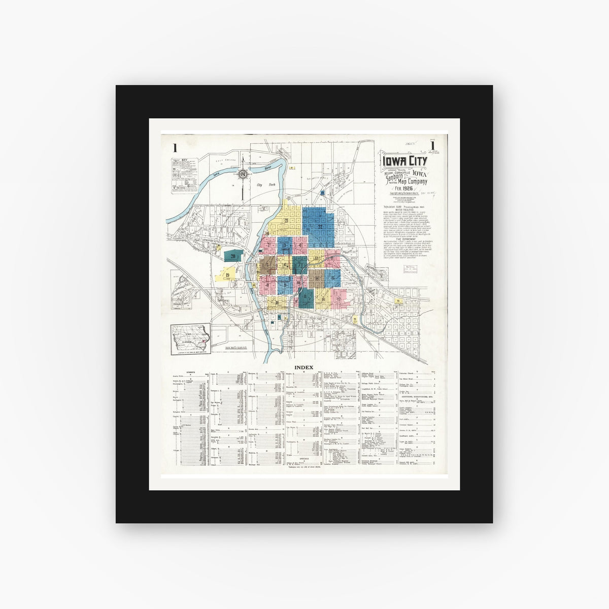 Old map wall art mockup — black gallery frame with white mat — Sanborn Fire Insurance Map from Iowa City, Johnson County, Iowa (1926) â€” Complete Set