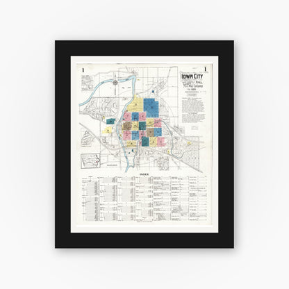 Old map wall art mockup — black gallery frame with white mat — Sanborn Fire Insurance Map from Iowa City, Johnson County, Iowa (1926) â€” Complete Set