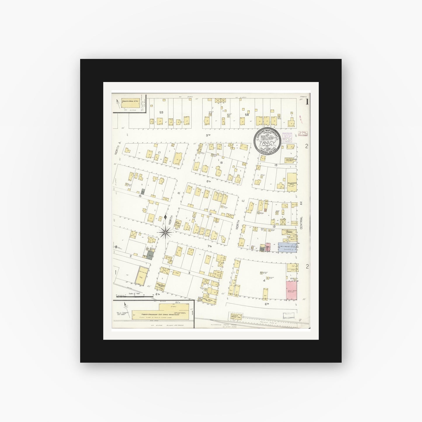 Old map wall art mockup — black gallery frame with white mat — Sanborn Fire Insurance Map from Tracy, San Joaquin County, California (1907) - Complete Map Set