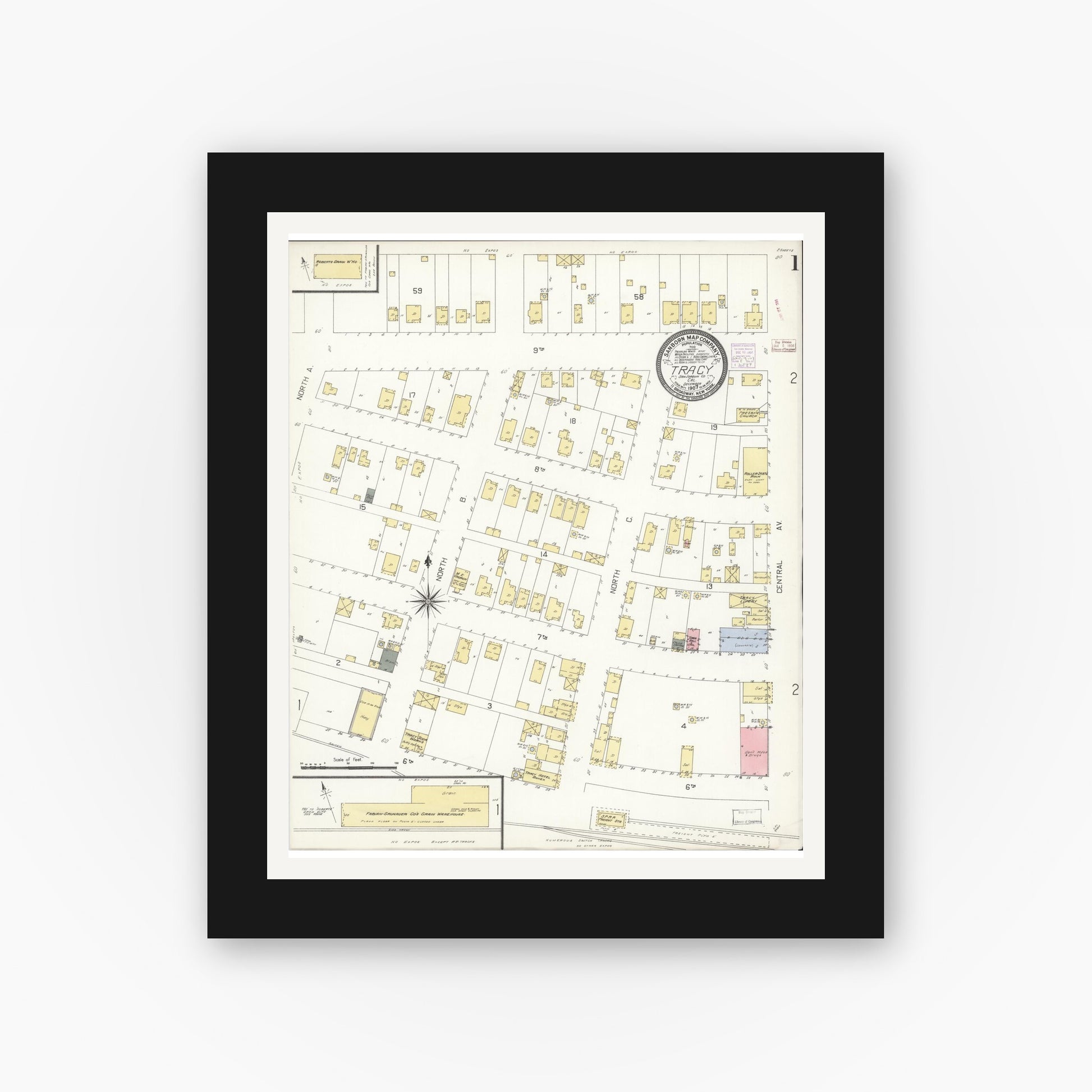 Old map wall art mockup — black gallery frame with white mat — Sanborn Fire Insurance Map from Tracy, San Joaquin County, California (1907) - Complete Map Set