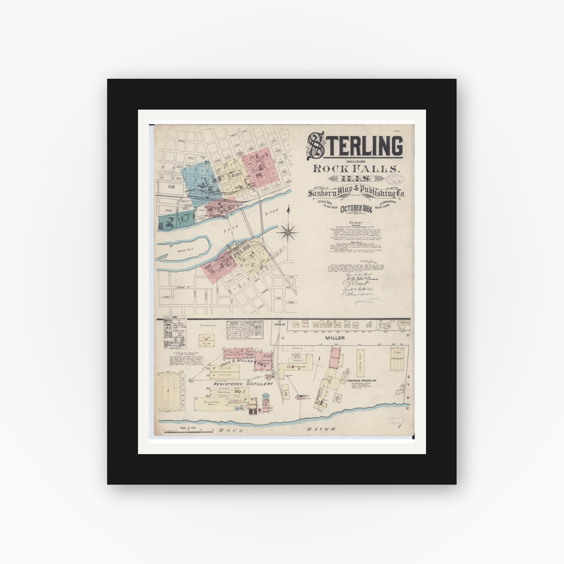 Old map wall art mockup — black gallery frame with white mat — Sanborn Fire Insurance Map from Sterling, Whiteside County, Illinois (1884) - Complete Map Set