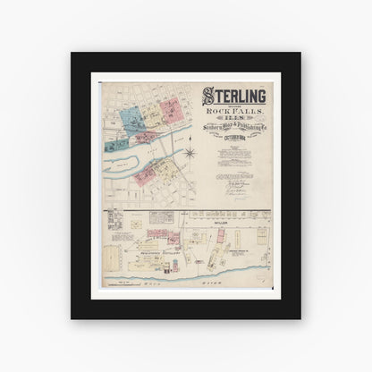 Old map wall art mockup — black gallery frame with white mat — Sanborn Fire Insurance Map from Sterling, Whiteside County, Illinois (1884) - Complete Map Set