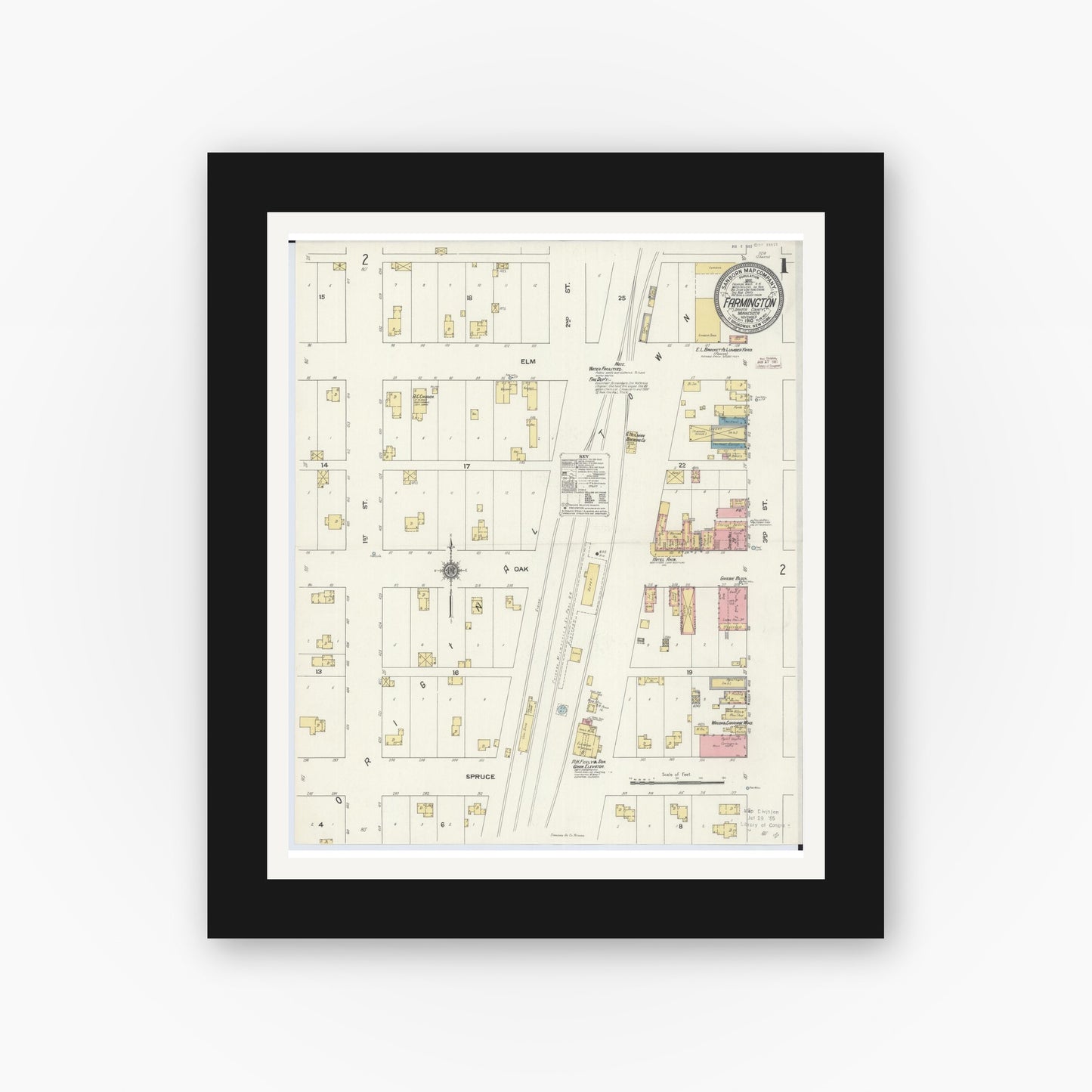 Old map wall art mockup — black gallery frame with white mat — Sanborn Fire Insurance Map from Farmington, Dakota County, Minnesota (1910) - Complete Map Set