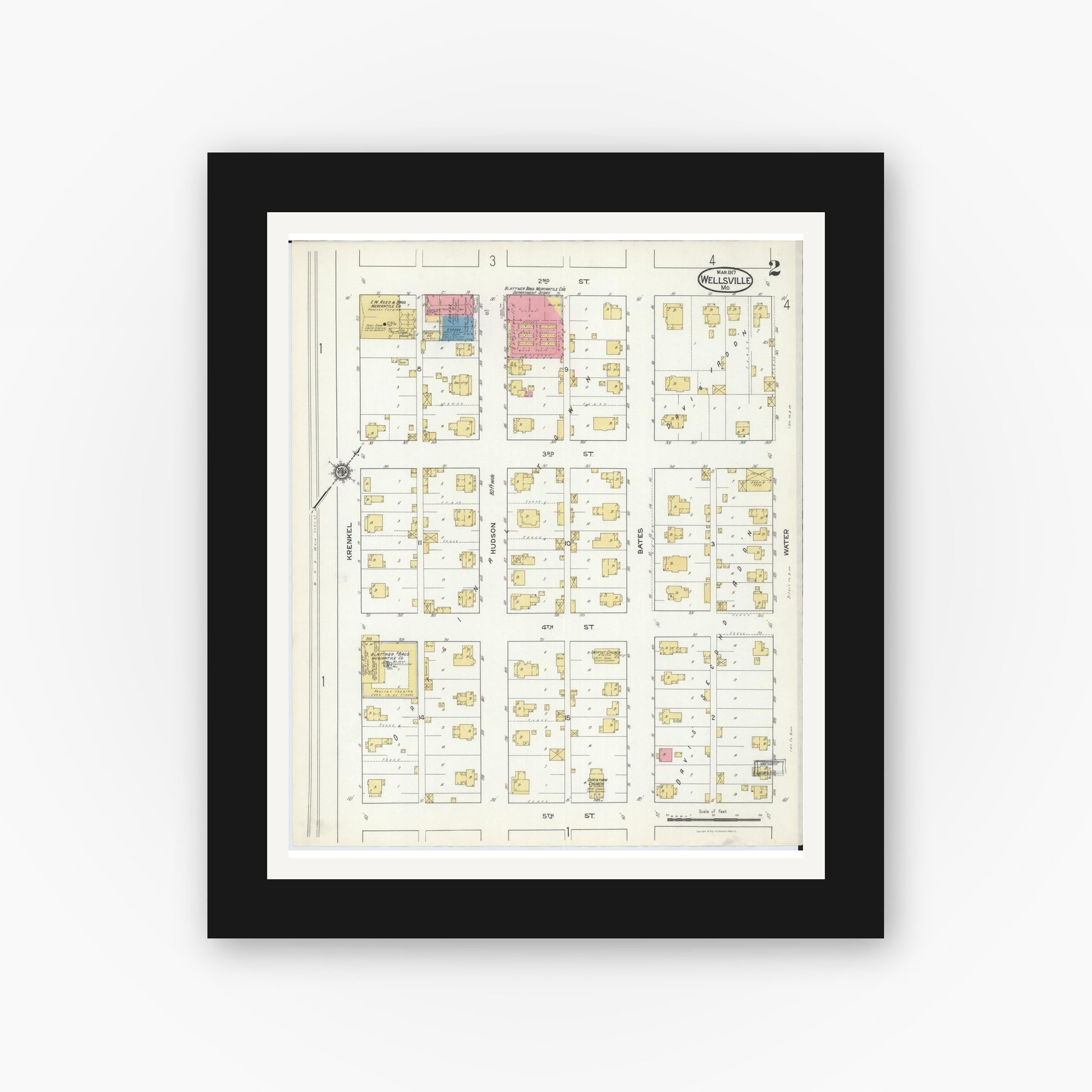Old map wall art mockup — black gallery frame with white mat — Sanborn Fire Insurance Map from Wellsville, Montgomery County, Missouri (1917), Sheet #0002