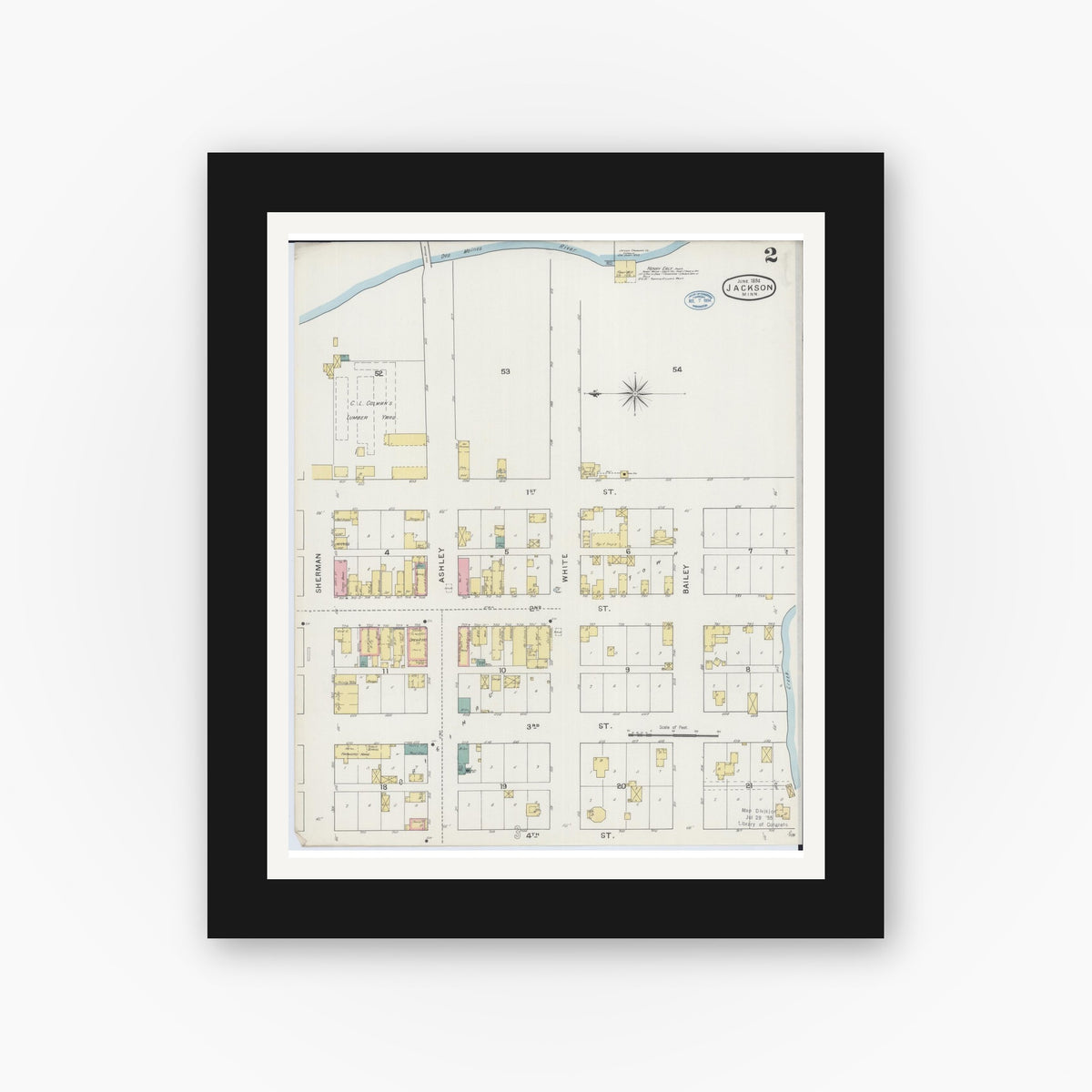 Old map wall art mockup — black gallery frame with white mat — Sanborn Fire Insurance Map from Jackson, Jackson County, Minnesota (1894), Sheet #0002