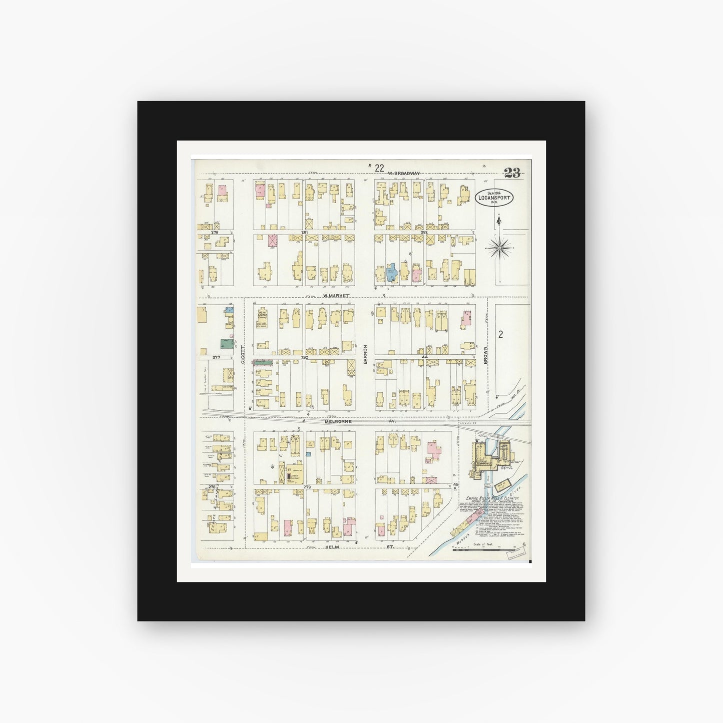 Old map wall art mockup — black gallery frame with white mat — Sanborn Fire Insurance Map from Logansport, Cass County, Indiana (1906), Sheet #0023