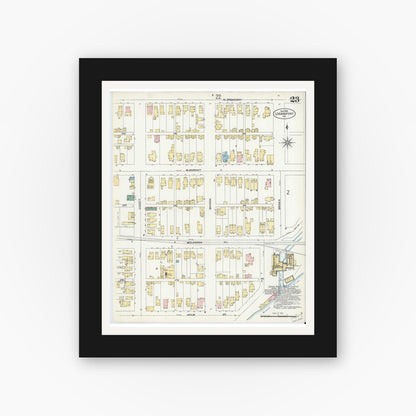 Old map wall art mockup — black gallery frame with white mat — Sanborn Fire Insurance Map from Logansport, Cass County, Indiana (1906), Sheet #0023