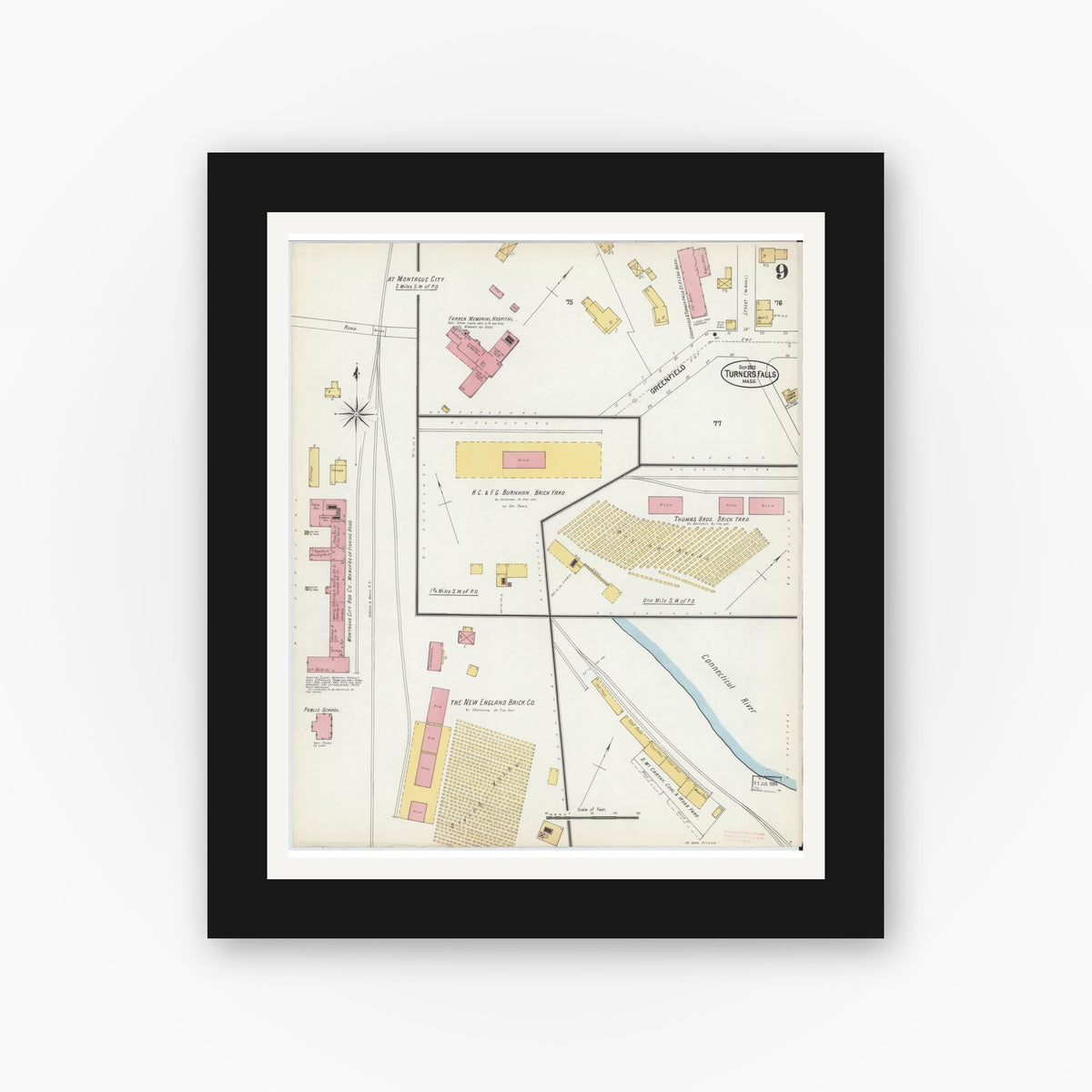 Old map wall art mockup — black gallery frame with white mat — Sanborn Fire Insurance Map from Turners Falls, Franklin County, Massachusetts (1902), Sheet #0009