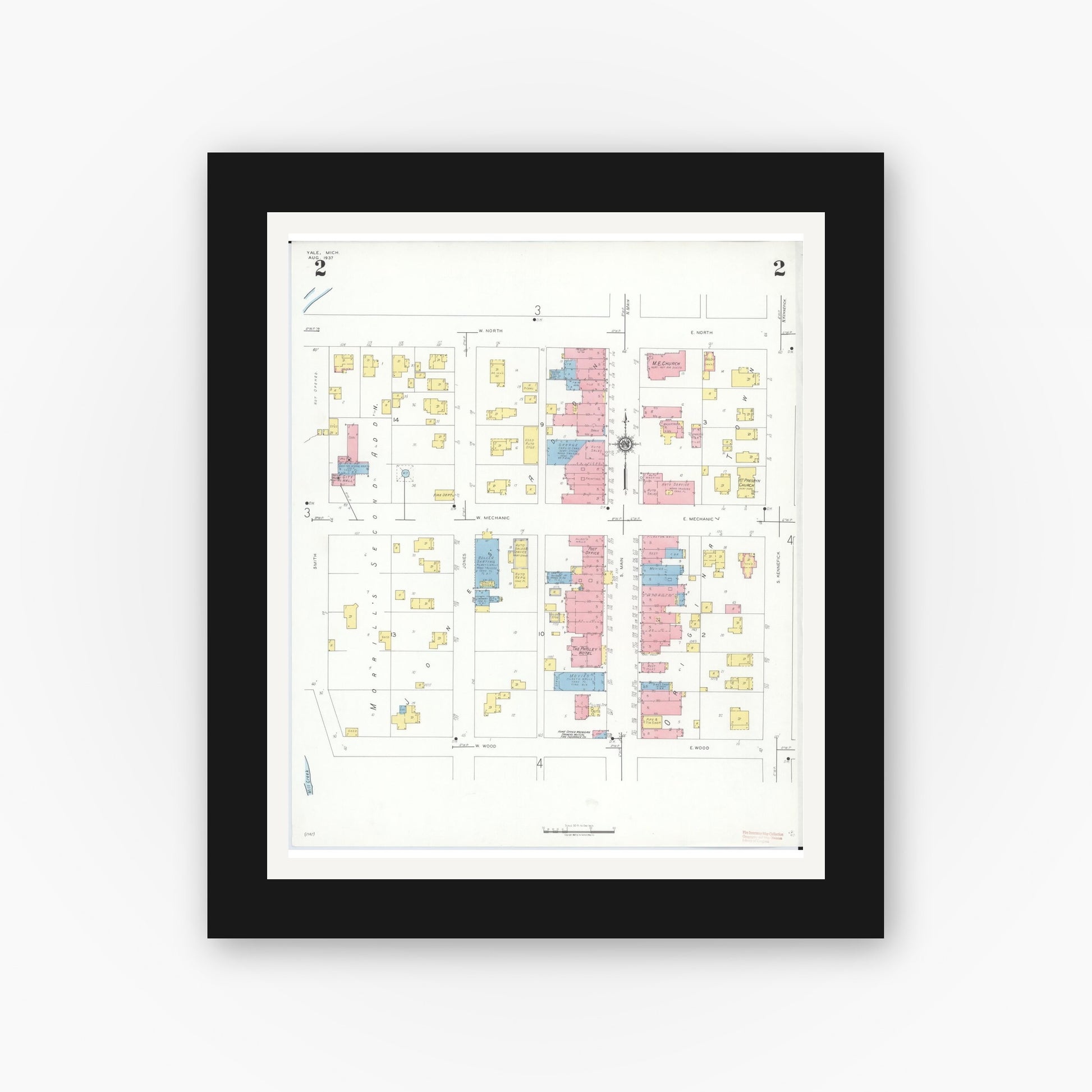 Old map wall art mockup — black gallery frame with white mat — Sanborn Fire Insurance Map from Yale, Saint Clair County, Michigan (1937), Sheet #0002