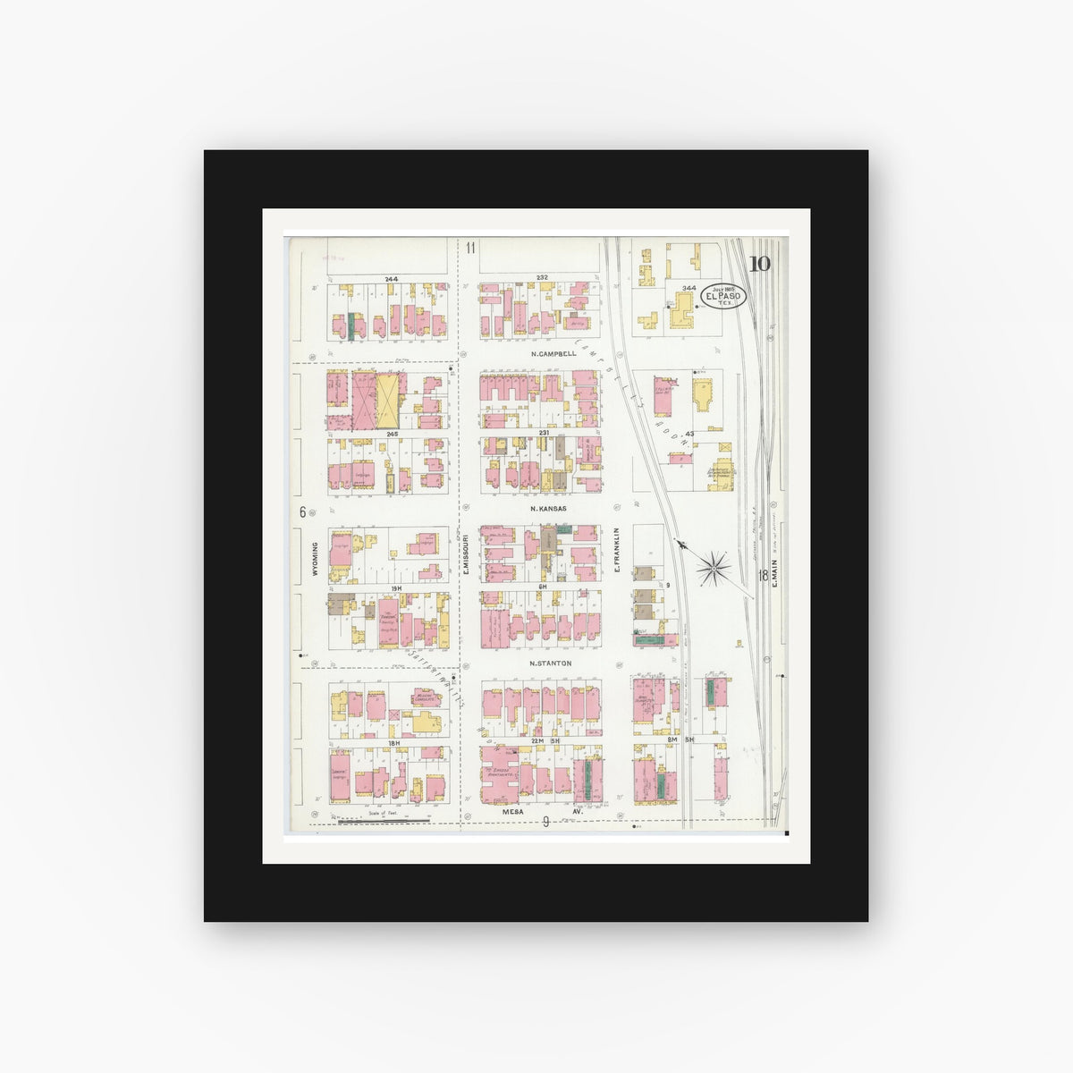 Old map wall art mockup — black gallery frame with white mat — Sanborn Fire Insurance Map from El Paso, El Paso County, Texas (1905), Sheet #0010